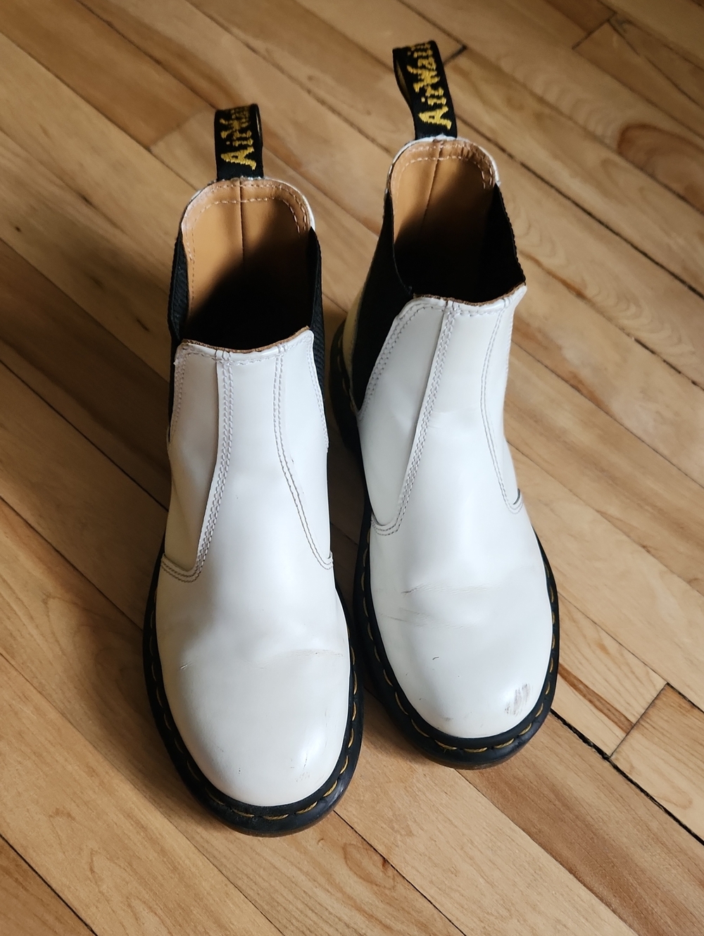 Dr. Martens White Leather Chelsea Booties with Black Elastic